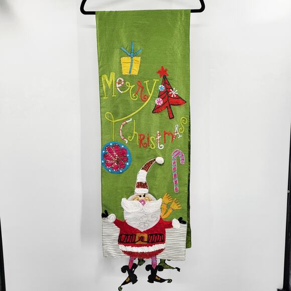 Merry Christmas Santa Themed Wall Banner Table Runner Embroidered Holiday Decor - Picture 2 of 7